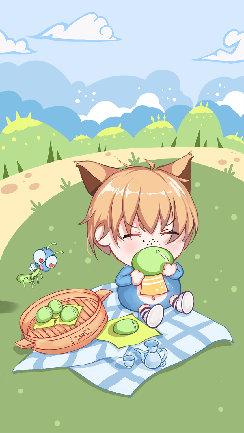 清明节吃青团的小男孩