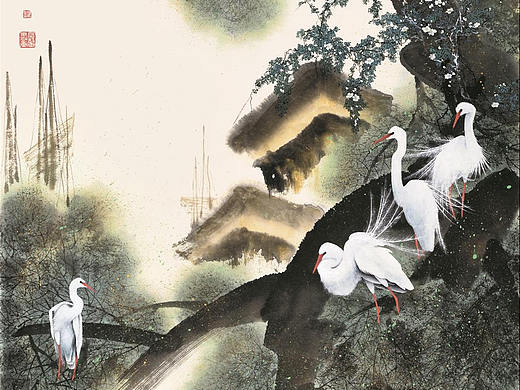 国画-湿地生态-白鹭系列选