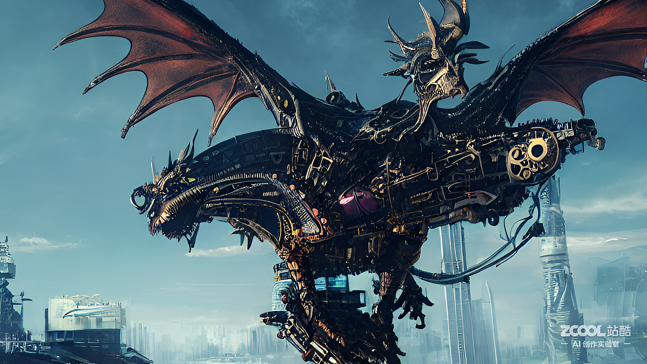 #AI创作实验室#机械朋克的龙，在天上飞（图ZMzIyMDI5NDMy） - AI作品 - 站酷设计师铭狐890516原创素材 - 站酷ZCOOL