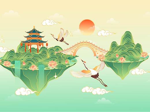 国风山水风景矢量插画