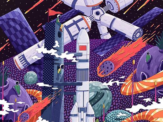紫色系星空火箭创意插画