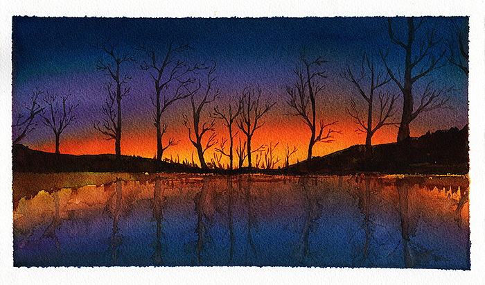 水彩风景画宁静的夕阳傍晚