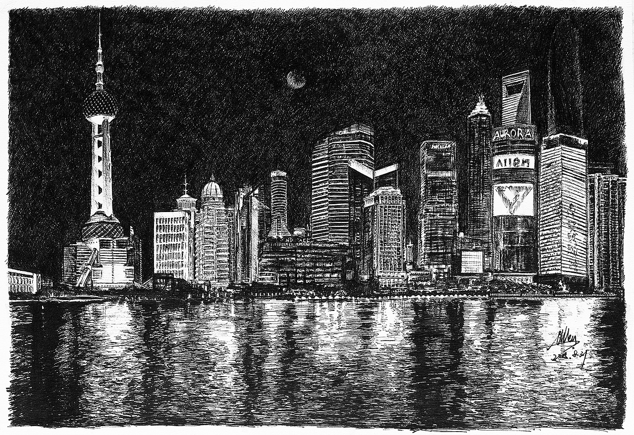 手绘钢笔画夜上海