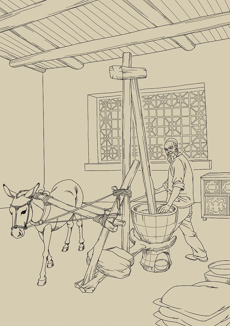 传统榨油手工技艺(臼尕子)维吾尔族灰砖烧制技艺原创作品插画商业插画