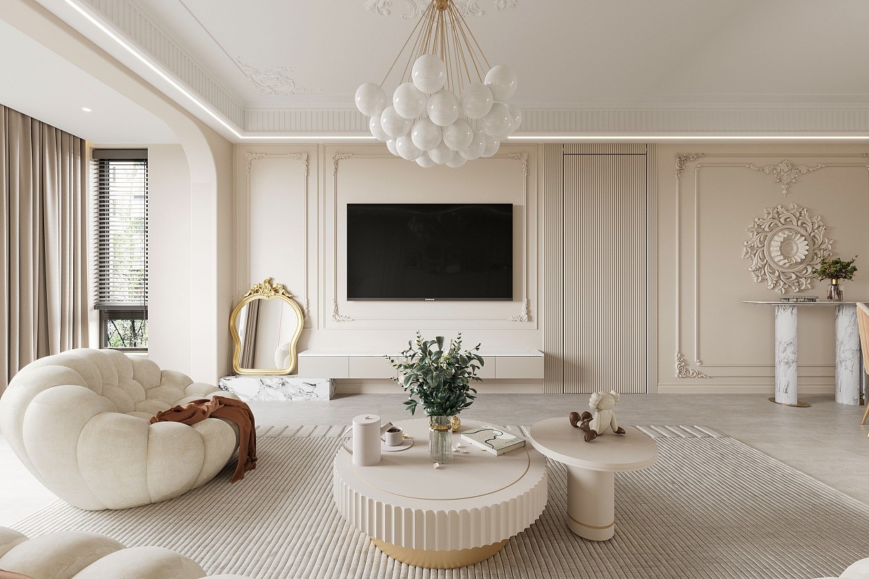 法式奶油风客餐厅效果图表现