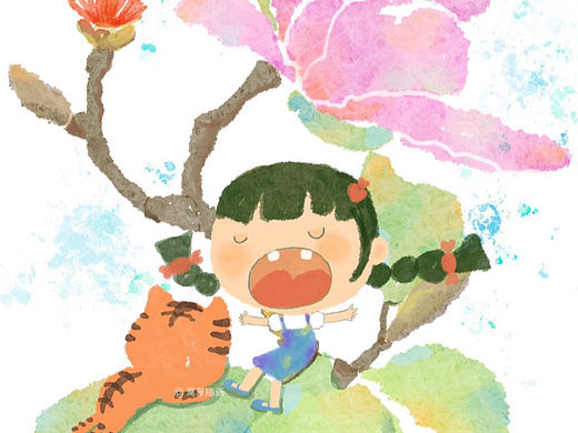 女孩、猫咪和花