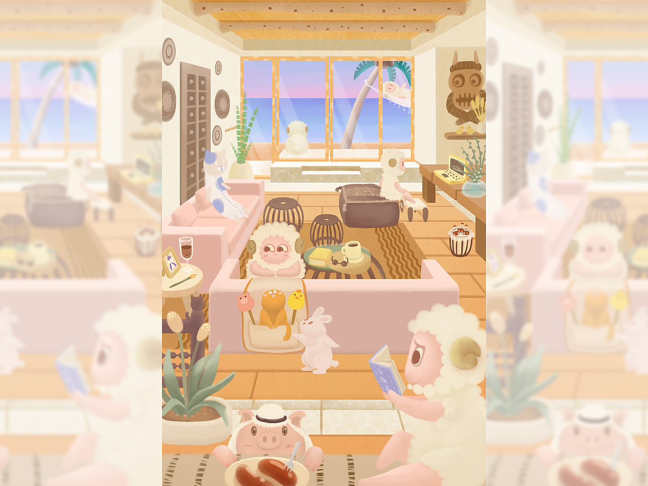《小肉羊室内场景系列》海边别墅与小肉羊的四个分身