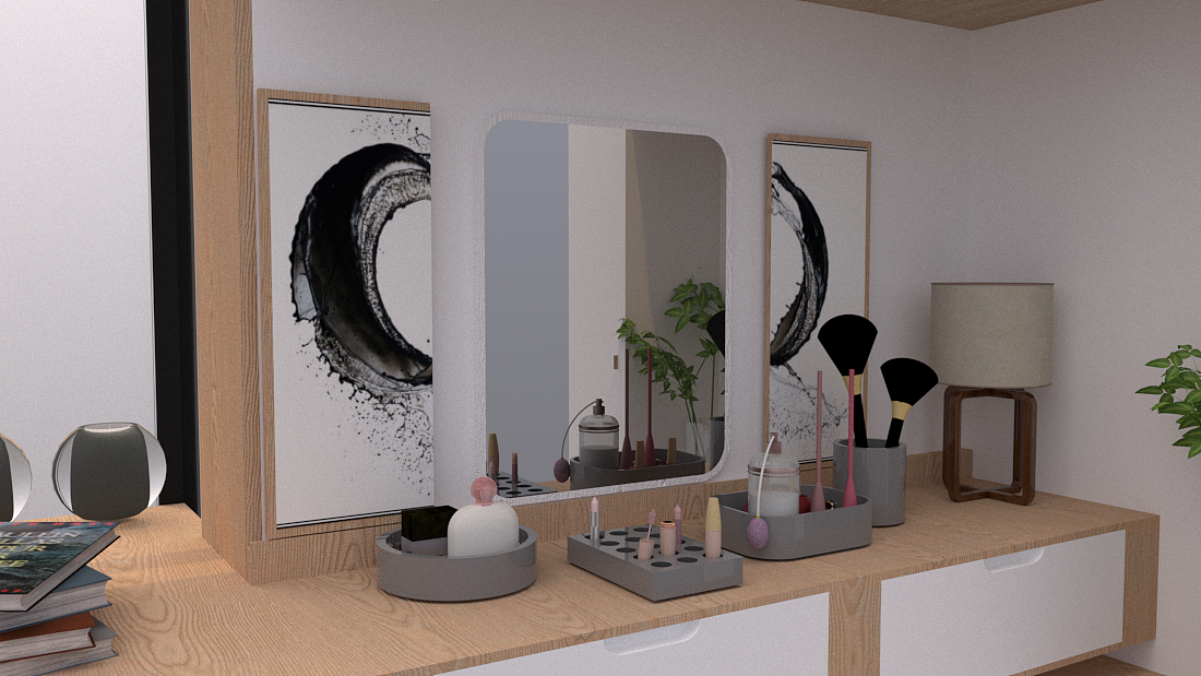 床前的镜子可以合上，是一幅完整的画