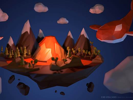 C4D Volcano low poly style practice