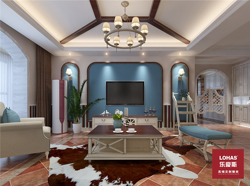 客厅:吊顶及电视柜、茶几选用木色与白色结合,用来营造浪漫自然。