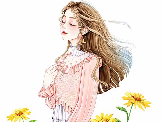 向日葵花田的少女-少女插画（水彩）