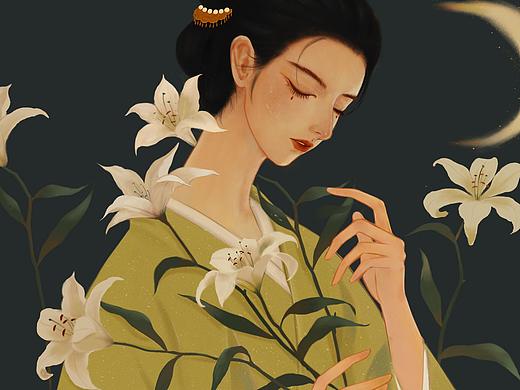 国风插画-花与美人