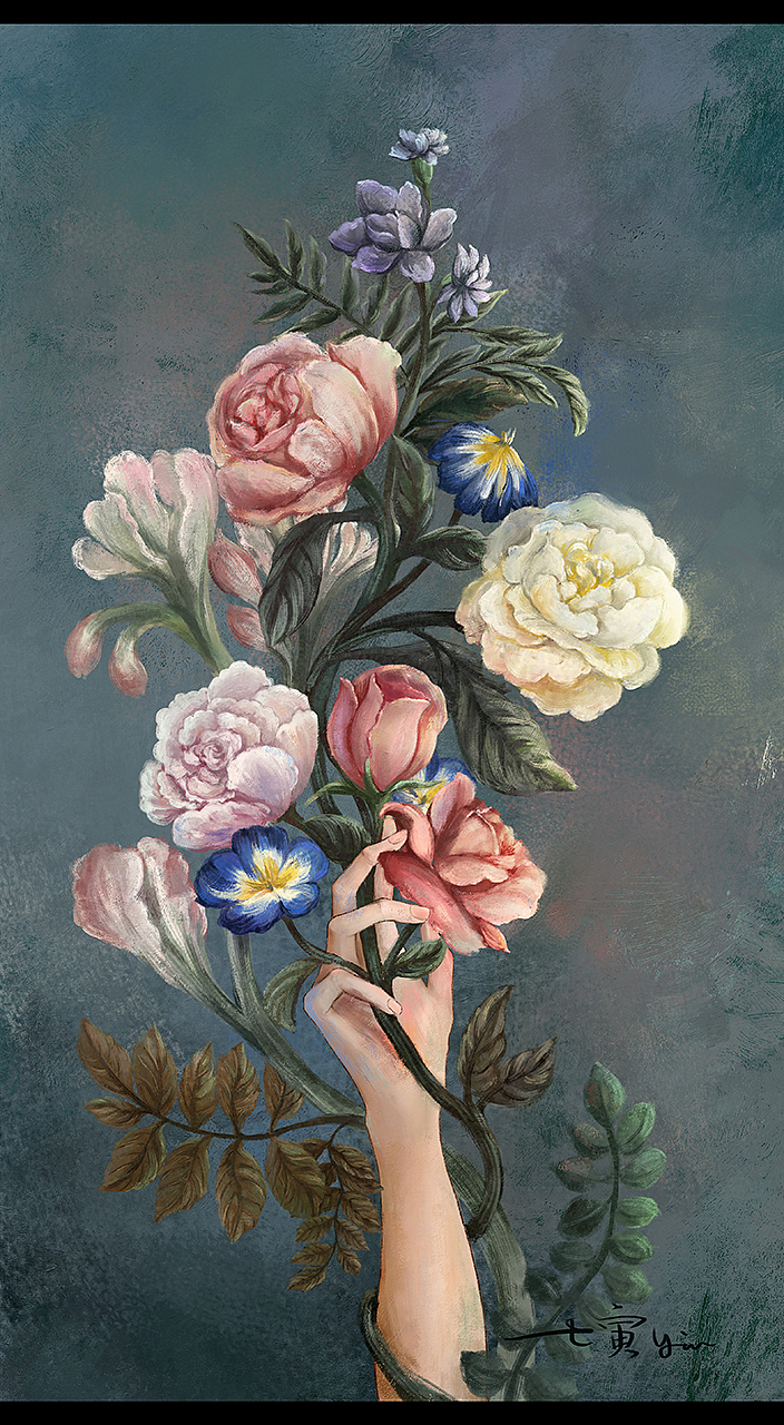 板绘油画风格复古插画-手中花（图ZMTk1NzI2Mzg0） - 商业插画 - 站酷设计师尹momo努力画画原创素材 - 站酷ZCOOL
