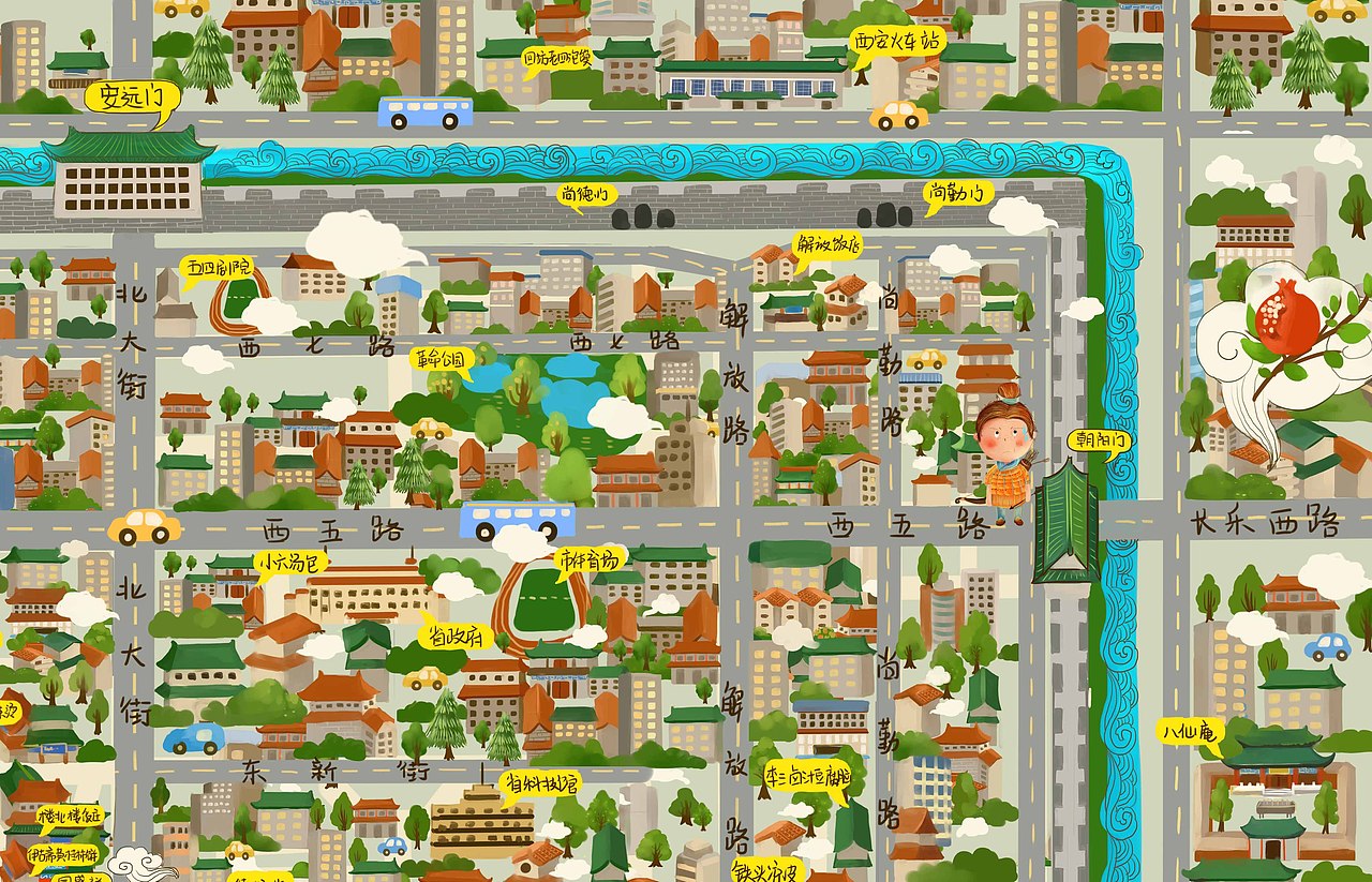 西安手绘地图（部分过程图）（图ZMjY3MzQ1MzY=） - 商业插画 - 站酷设计师水母咪原创素材 - 站酷ZCOOL