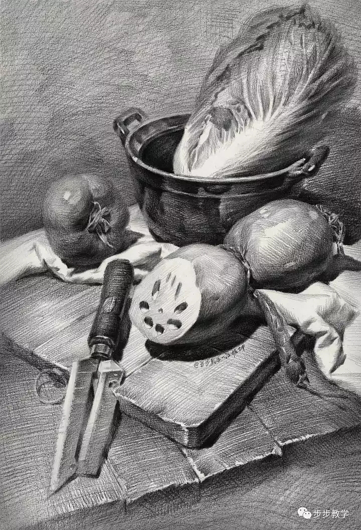 贵州美术网分享经典素描静物作品,来源于步步教学