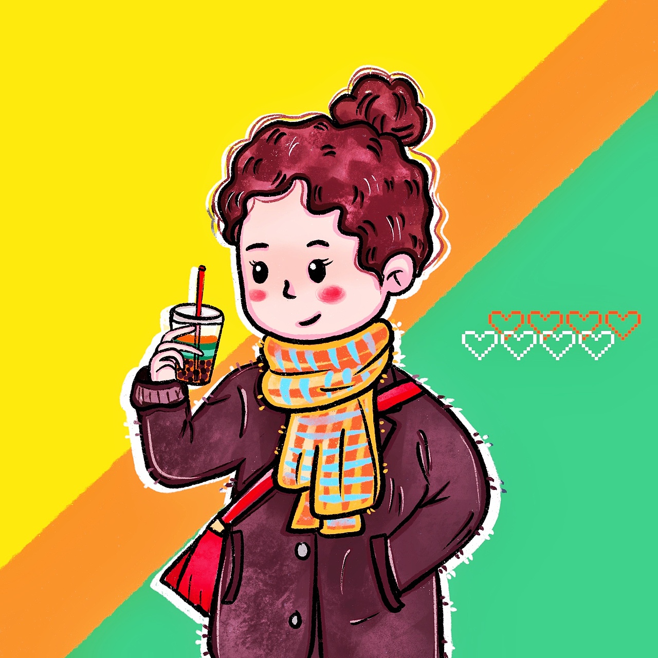 冬天里喝奶茶的女生半身头像