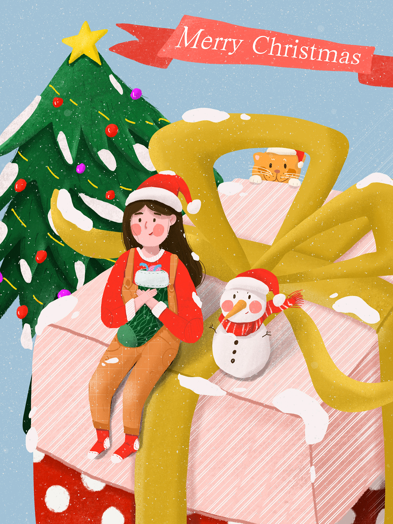 圣诞主题之家人一起打扮圣诞树圣诞插画图片-千库网