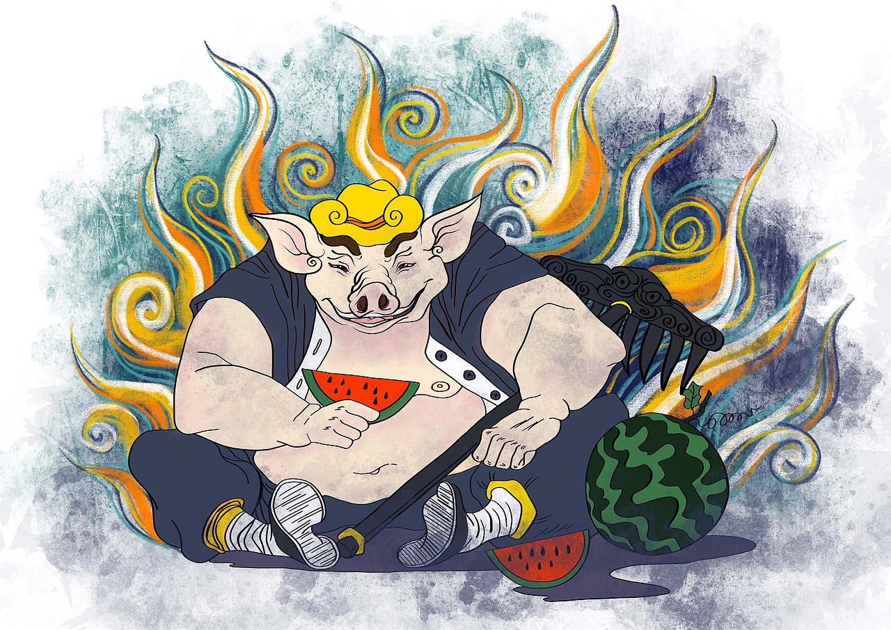 猪八戒吃西瓜|插画|创作习作|八尾猫84_原创作品-站酷zcool