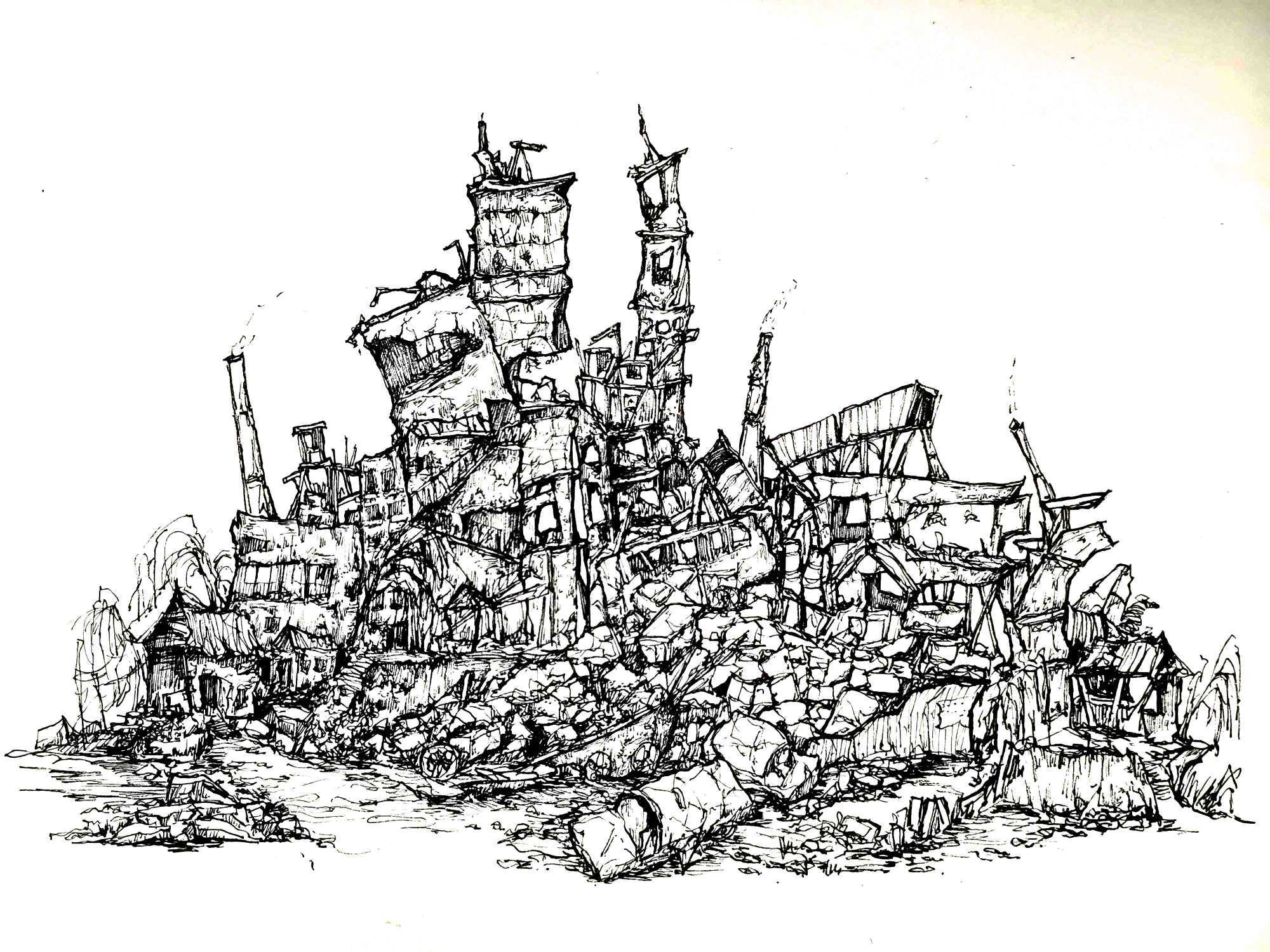 废墟背景的简笔画图片