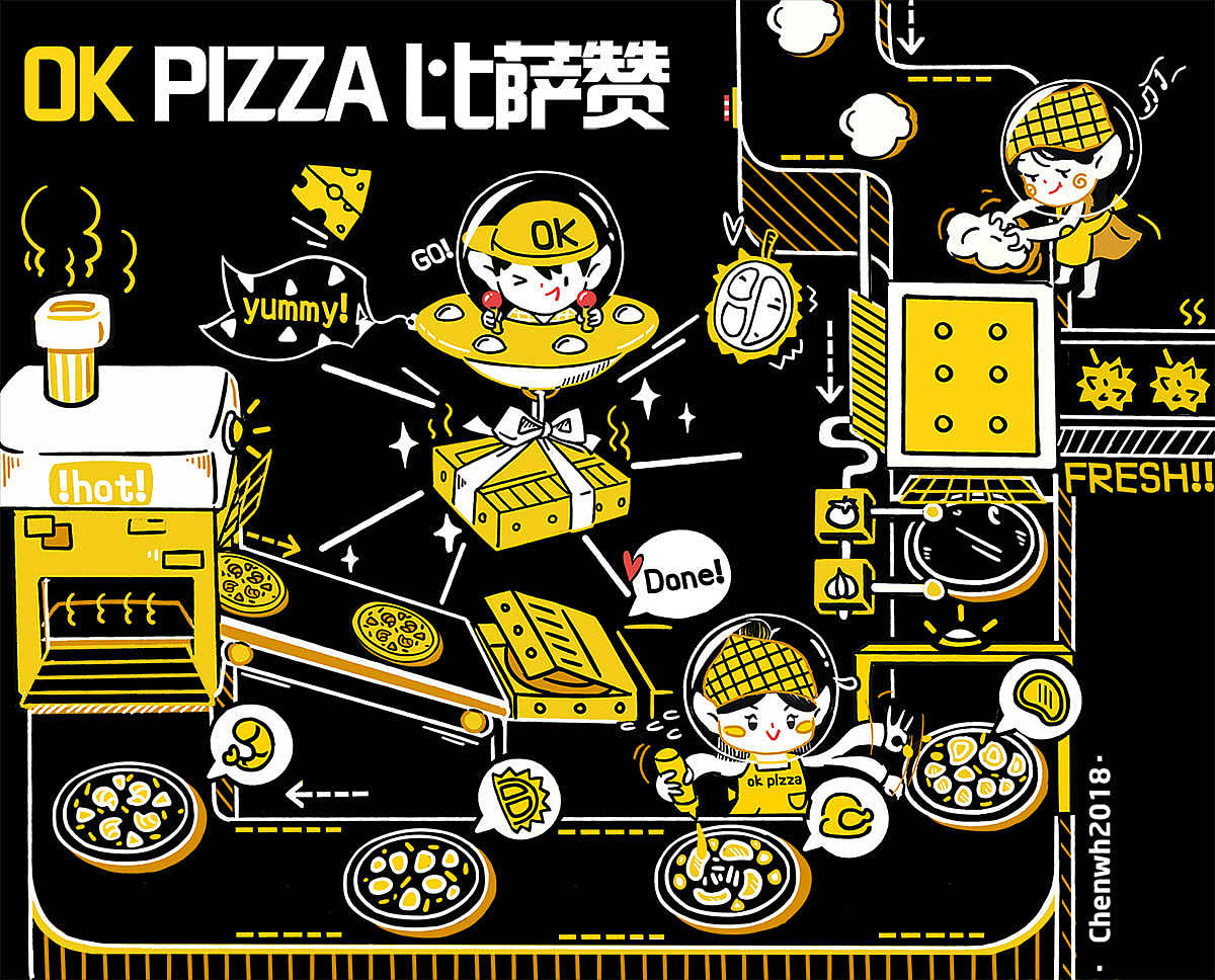 为ok pizza创作的包装盒插画