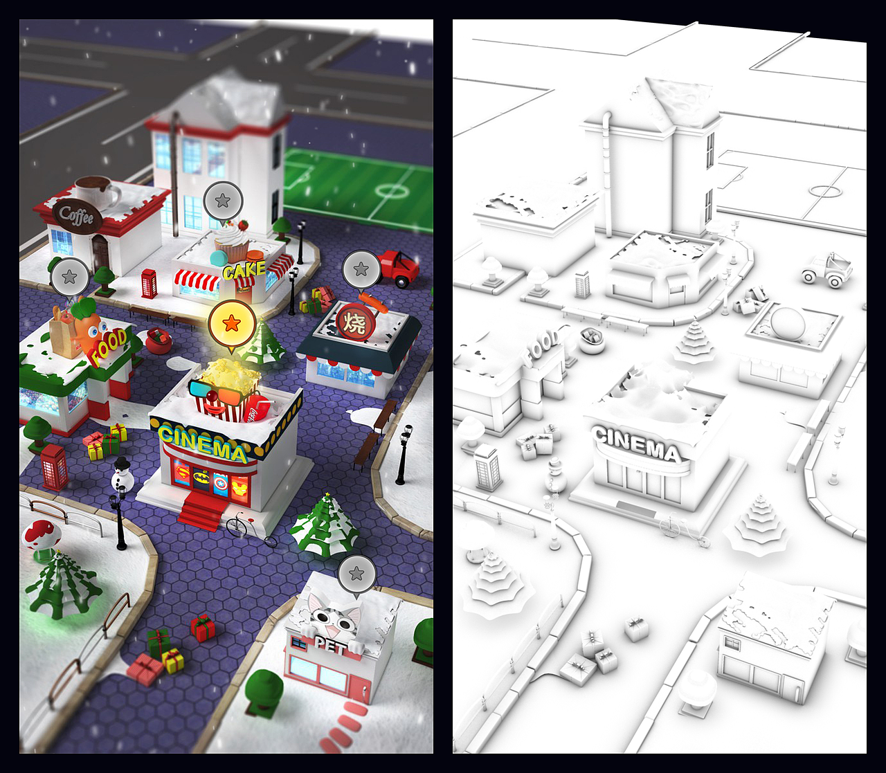 首页场景制作
由于主场景是一个娱乐城市主题视觉效果,有两种方式去制作,3D建模和PS绘画风格,在视觉展示和时间成本方面,我们倾向了3D建模,3D建模的优势在于透视准确,风格充满趣味性,更能准确体现输入法的风格,在模型复用方面也更方便,灯光渲染也比较到位,当然模型制作的过程中,也会倾向2D扁平化风格。在雪景制作上,3D制作的场景,结合光感更能展示好雪的视觉感觉。所以我们选择了3D建模去完成主场景。<br>