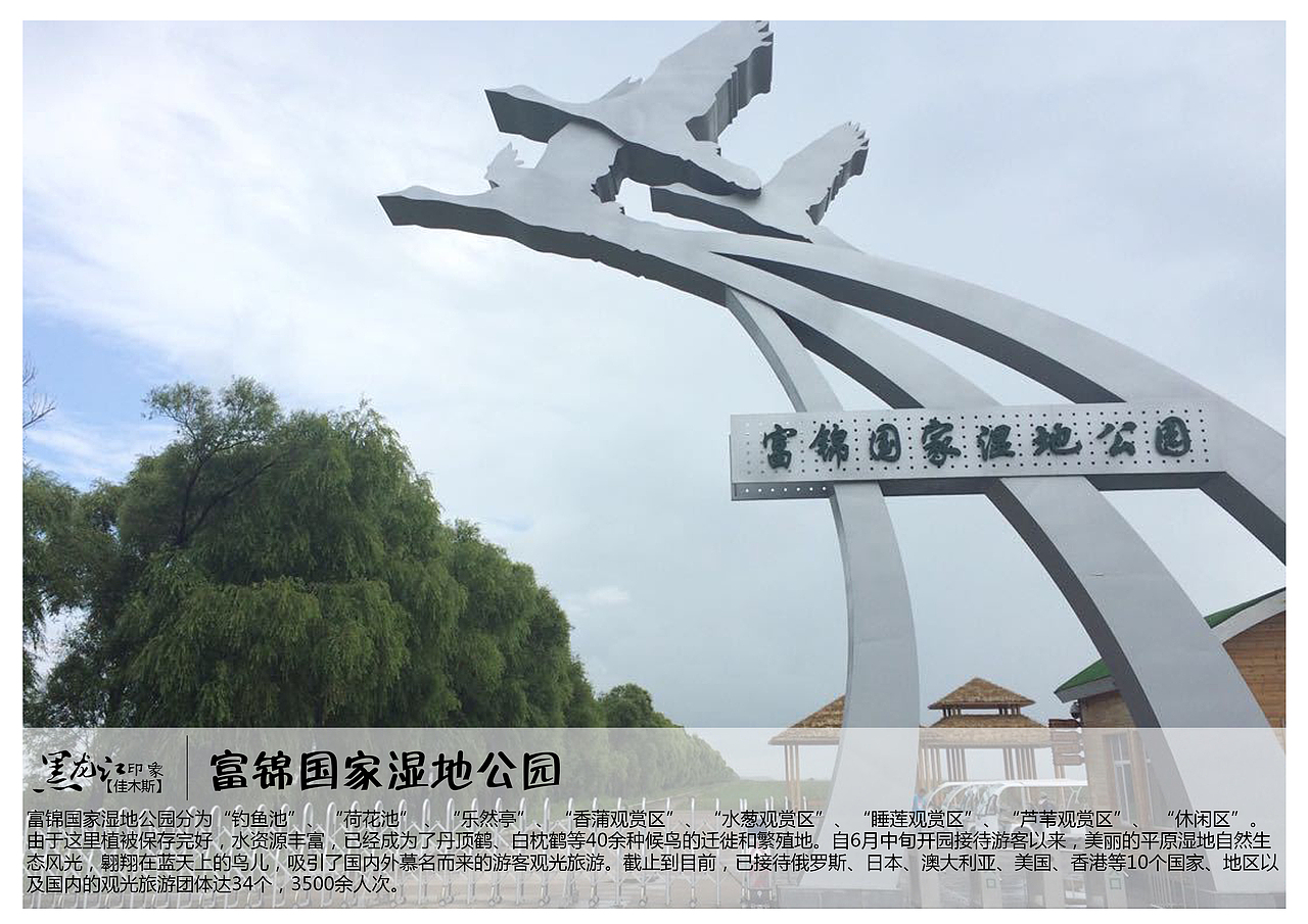 富锦国家湿地公园分为“钓鱼池”、“荷花池” 、“乐然亭”、“香蒲观赏区”、“水葱观赏区”、“睡莲观赏区”、“芦苇观赏区”、 “休闲区”。 由于这里植被保存完好,水资源丰富,已经成为了丹顶鹤、白枕鹤等40余种候鸟的迁徙和繁殖地。自6月中旬开园接待游客以来,美丽的平原湿地自然生态风光,翱翔在蓝天上的鸟儿,吸引了国内外慕名而来的游客观光旅游。截止到目前,已接待俄罗斯、日本、澳大利亚、美国、香港等10个国家、地区以及国内的观光旅游团体达34个,3500余人次。