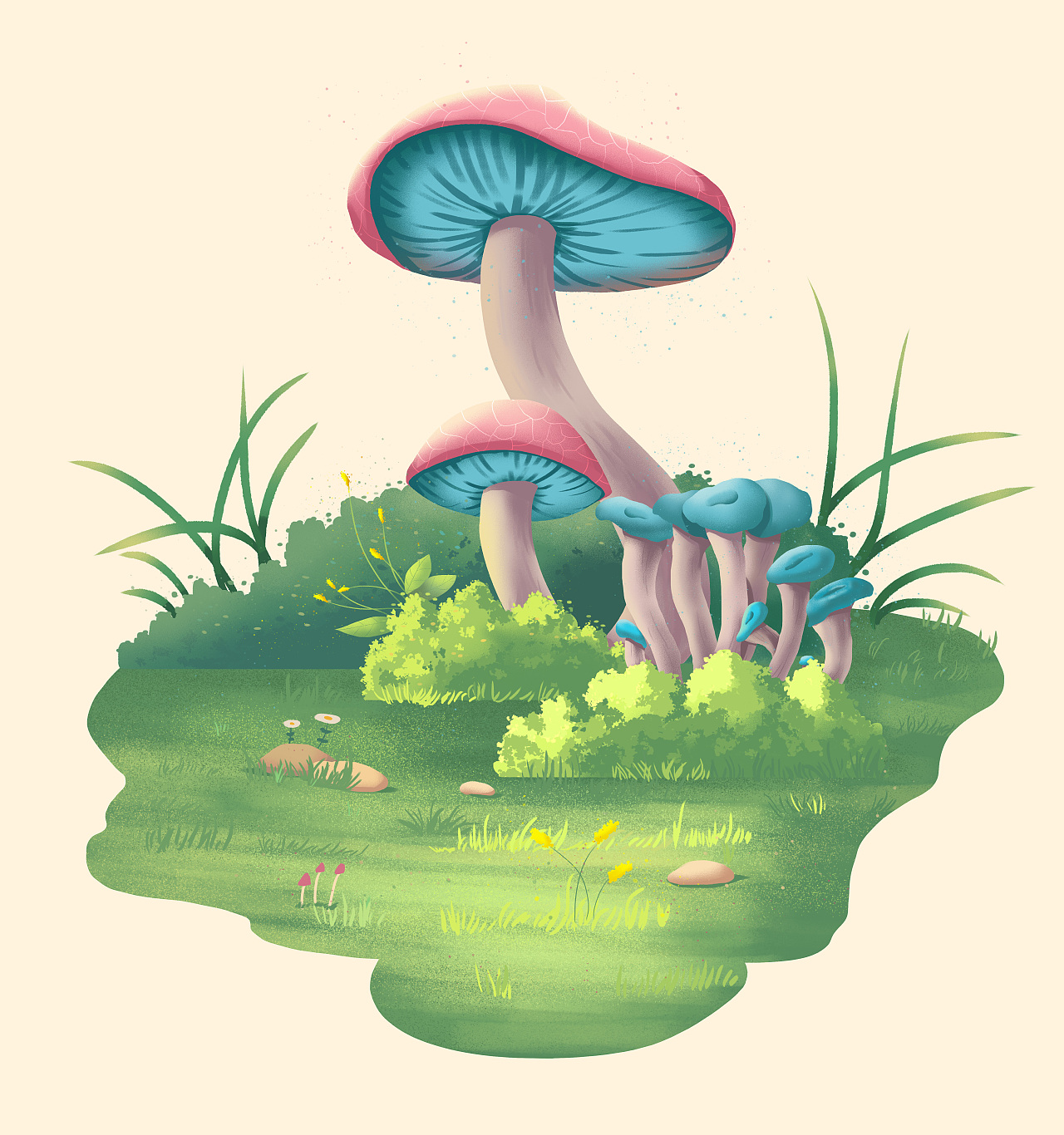 蓝色的小蘑菇小场景画 原创~~~~|插画|创作习作|流奶与蜜鸭 - 原创