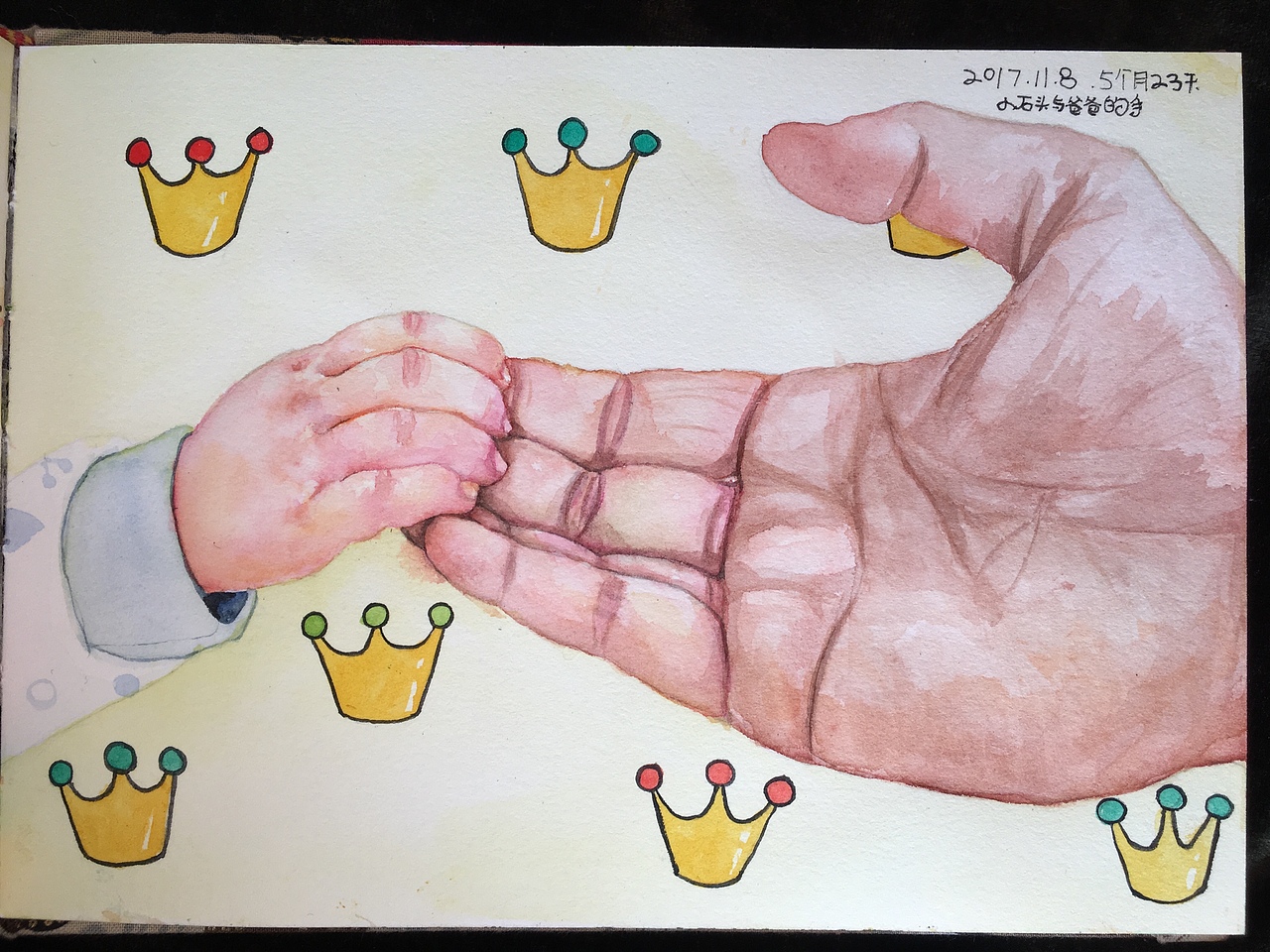 爸爸牵着宝宝的手,背景是我宝宝的小被子上的花花噢