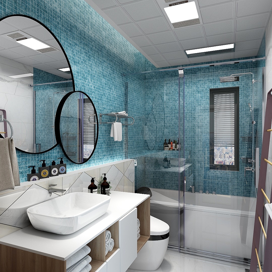 卫生间采用蓝绿色马赛克配合顶部天光,尽量延伸视觉景深。