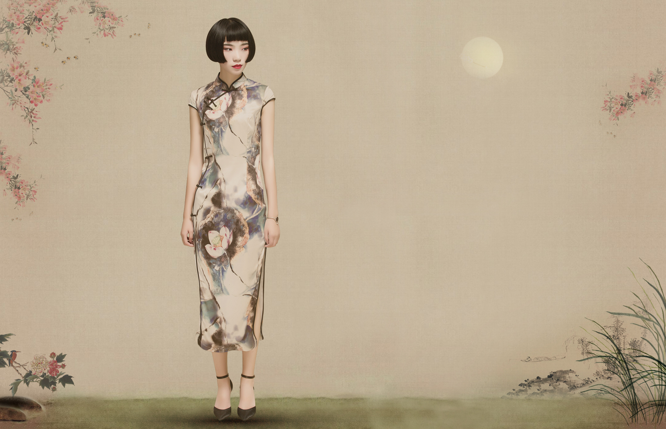 仿孙郡工笔画ps效果古典中国风水墨山水画连衣裙旗袍海报图/尤家衣店