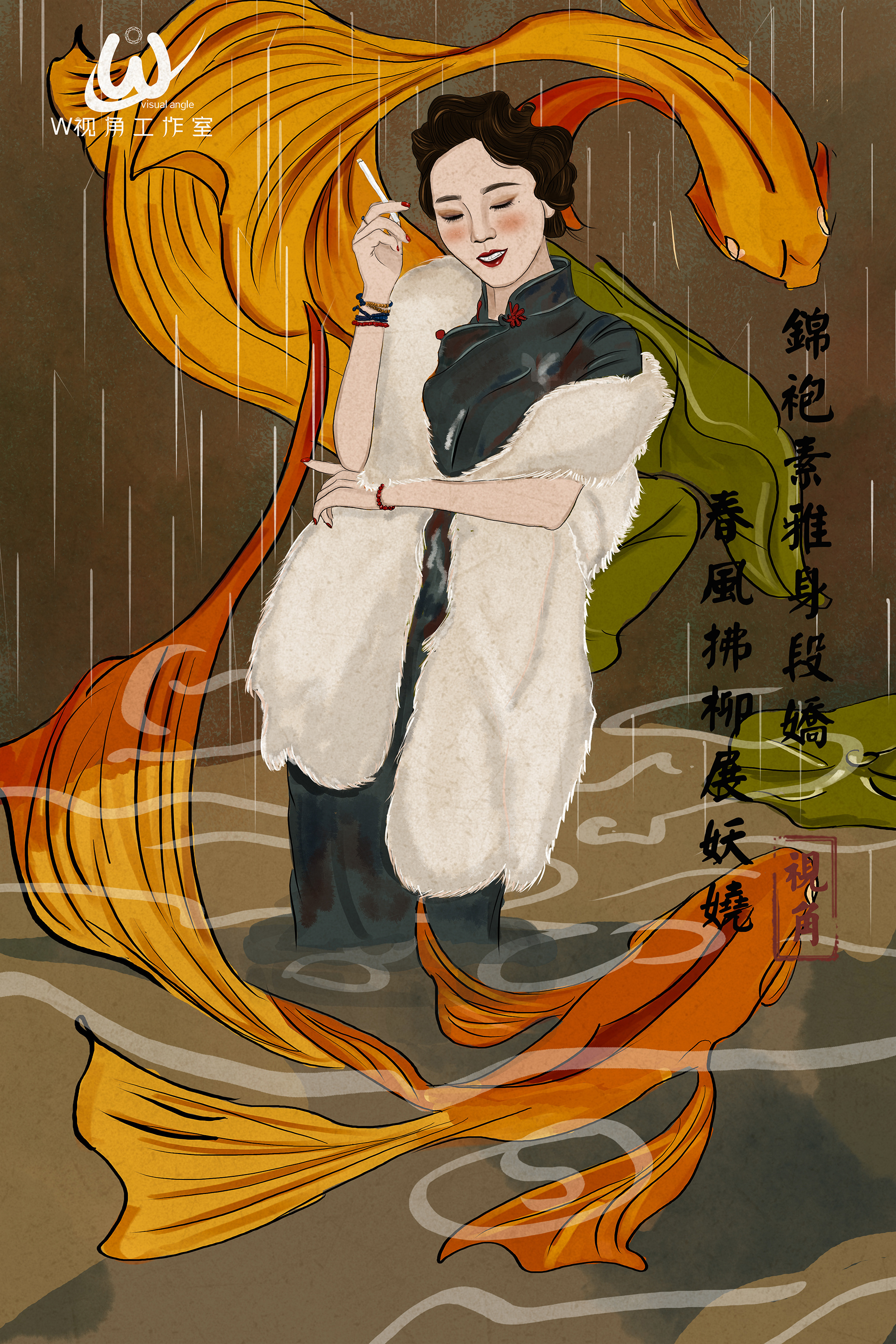 手绘插画古风-锦袍素雅身段娇,春风拂柳展妖娆