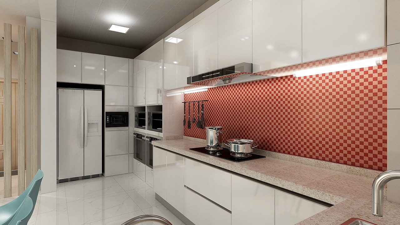 吊柜和地柜之间的墙面使用红色玻璃马赛克铺贴,避免整体空间过于单调。