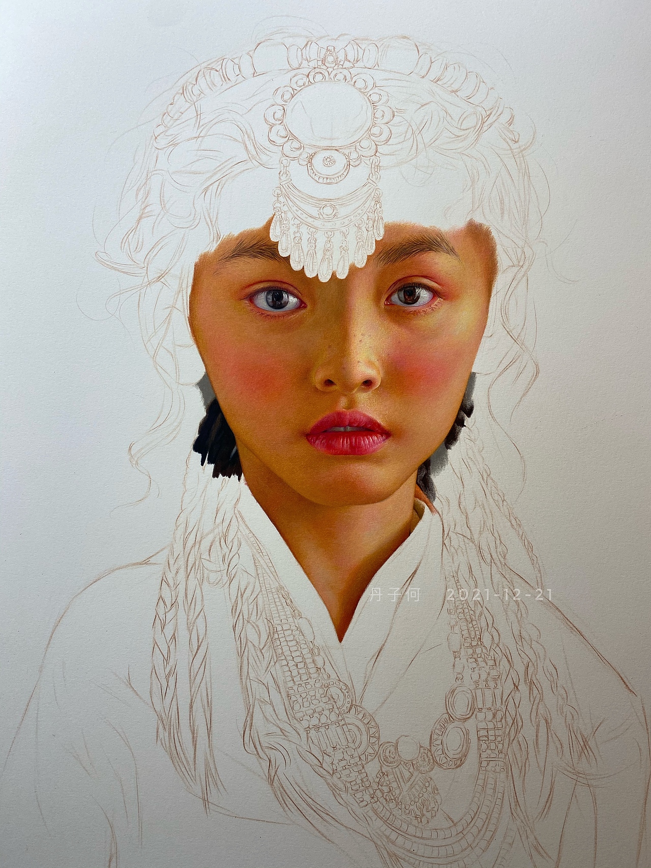 彩铅人物-《头戴绿松石的小女孩》（图ZMjg3Njc2Nzg0） - 绘画 - 站酷设计师丹子何原创素材 - 站酷ZCOOL