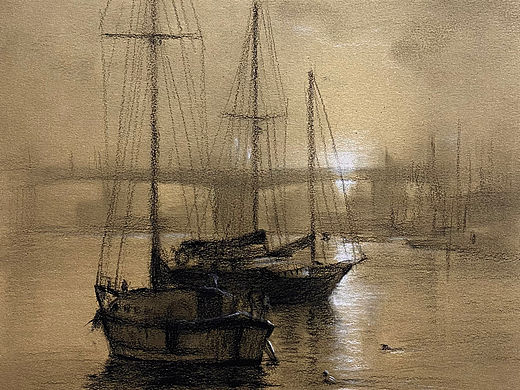 素描风景习作《日落之前的渔港》