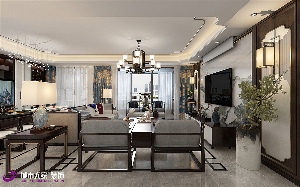 绿地国际城180㎡四居新中式装修效果图（图ZMTU2NzQ4NzY0） - 家装设计 - 站酷设计师济南城市人家装修原创素材 - 站酷ZCOOL