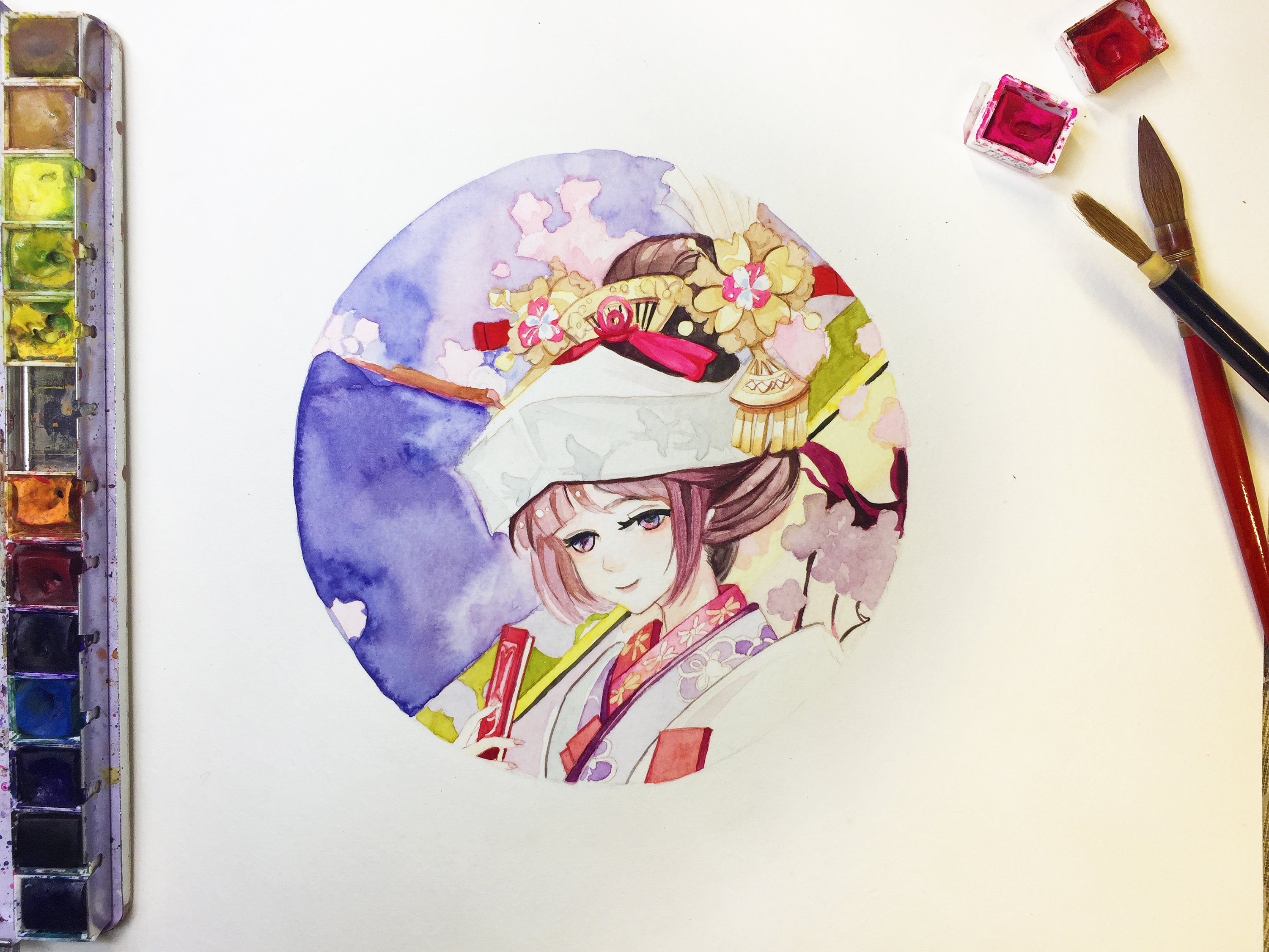 水彩手绘--(阴阳师)樱花妖 |纯艺术|绘画|蒲之未落 - 原创作品 - 站酷