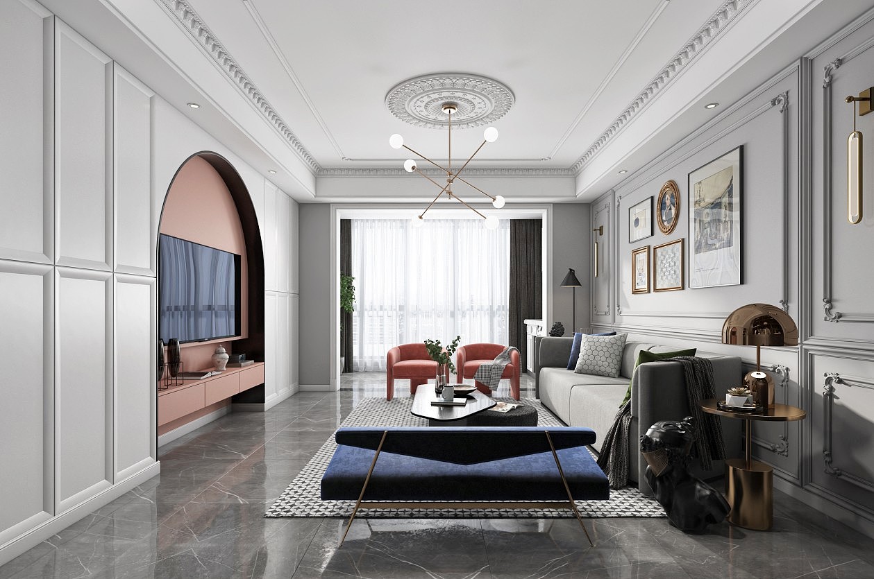 现代轻奢美式客厅餐厅,沙发,餐桌,电视柜