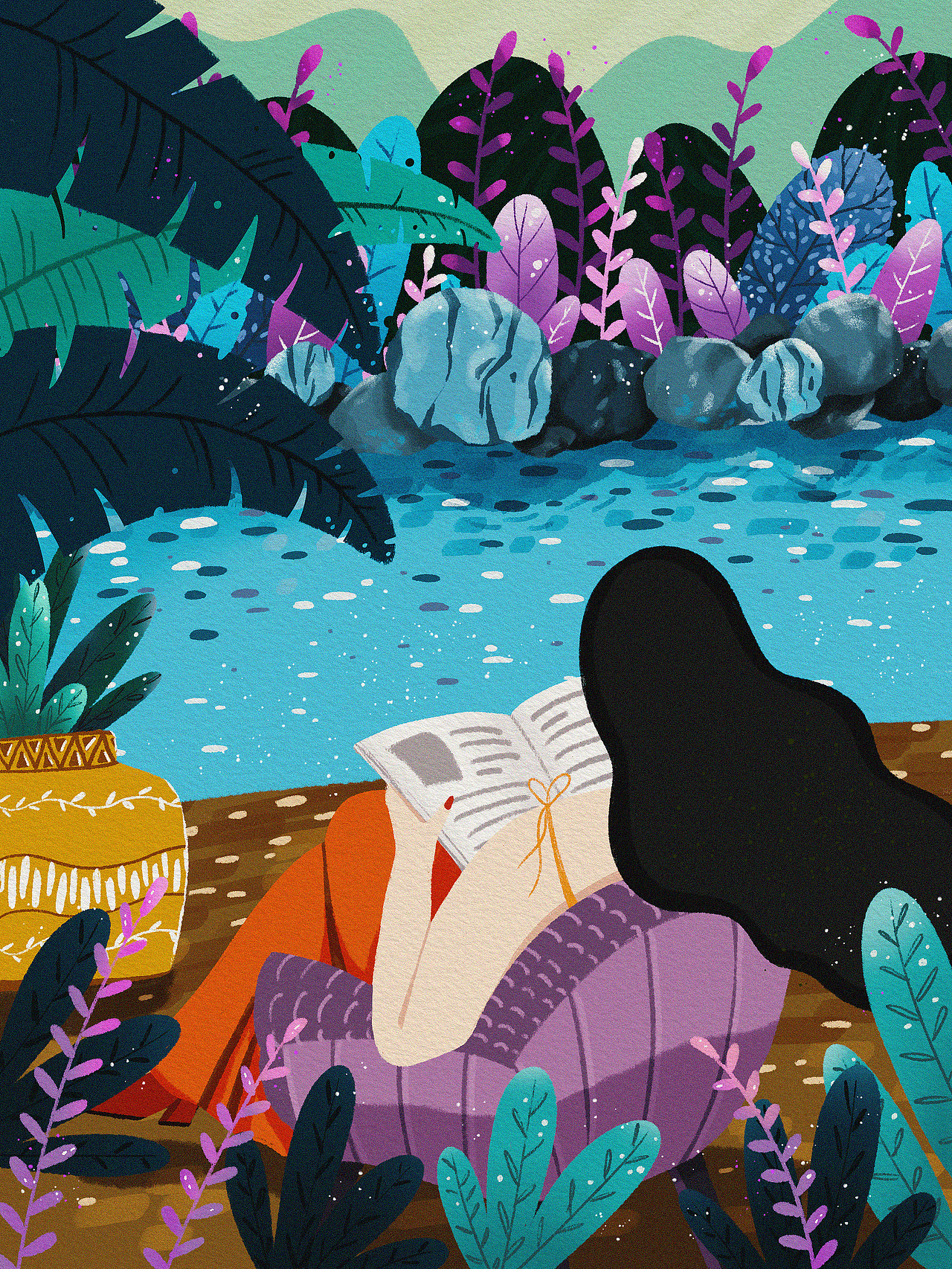 一个人的旅行之水边看书的女孩（图ZMzAwNTgyOTU2） - 商业插画 - 站酷设计师Amunan原创素材 - 站酷ZCOOL