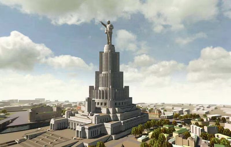 俄国(苏联)在三十年代未建成的苏维埃宫比帝国大厦还高出34米,因二战