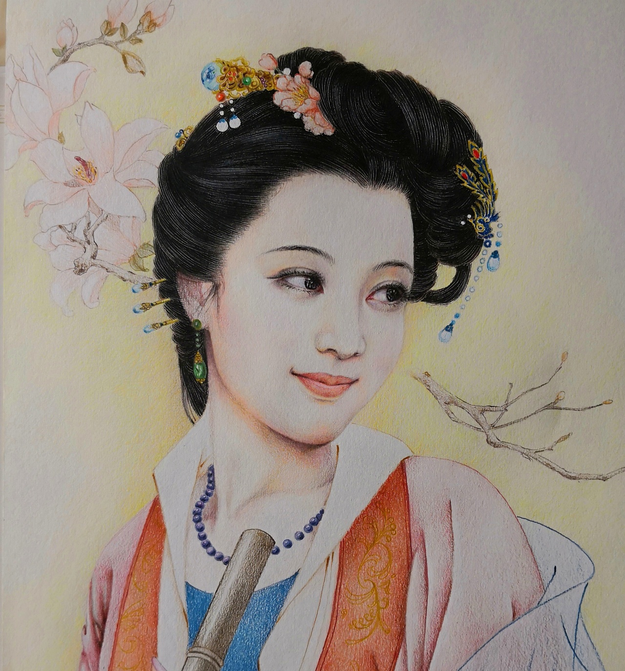 古风彩铅仕女图弄箫迎春