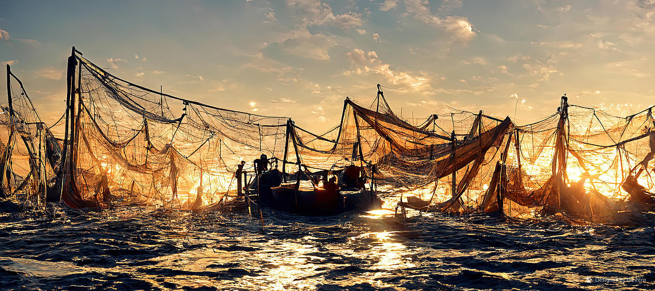 被渔网缠住的渔船