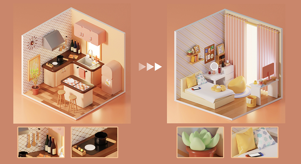 左边是跟着b站教程做的厨房,后面尝试自己做了右边的原创小卧室,那时候第一次自己想场景搭配颜色,所以做出的东西还有些不成熟