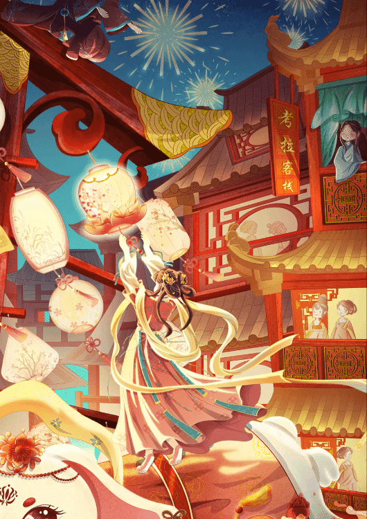 2023兔年元宵花灯会氛围感国风插画（图ZMzE4MDM5NzA4） - 商业插画 - 站酷设计师考拉kara_L原创素材 - 站酷ZCOOL