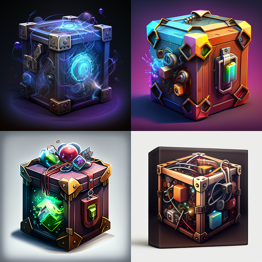开始探索用ai来画宝箱icon,我尝试过加入一些科技感,赛博朋克,机械风