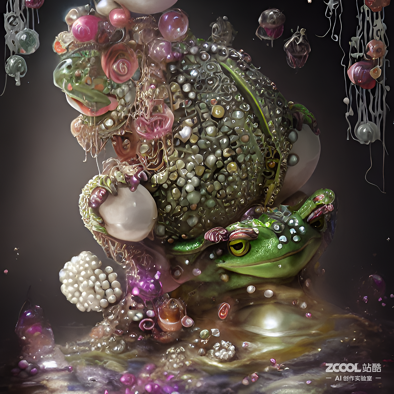 #AI创作实验室#拟人青蛙在玫瑰花上跳舞