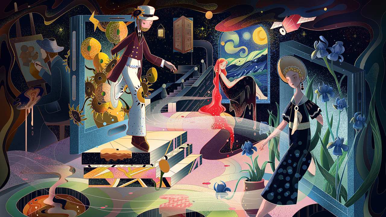 茶派的美好世界-在梵高的世界里（图ZMzI0NzQyMjU2） - 新锐潮流插画 - 站酷设计师瞎画师EthanYang原创素材 - 站酷ZCOOL