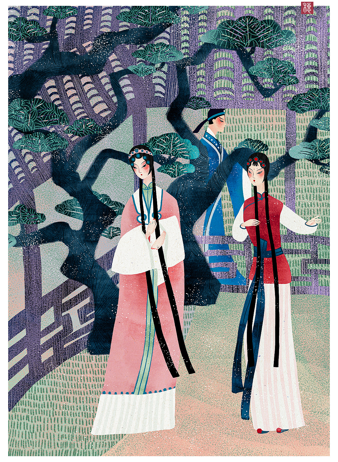 昆曲插画系列~小姐谈恋爱最忙的永远是丫鬟（图ZMzA4MjQ1ODE2） - 艺术插画 - 站酷设计师周小穗原创素材 - 站酷ZCOOL