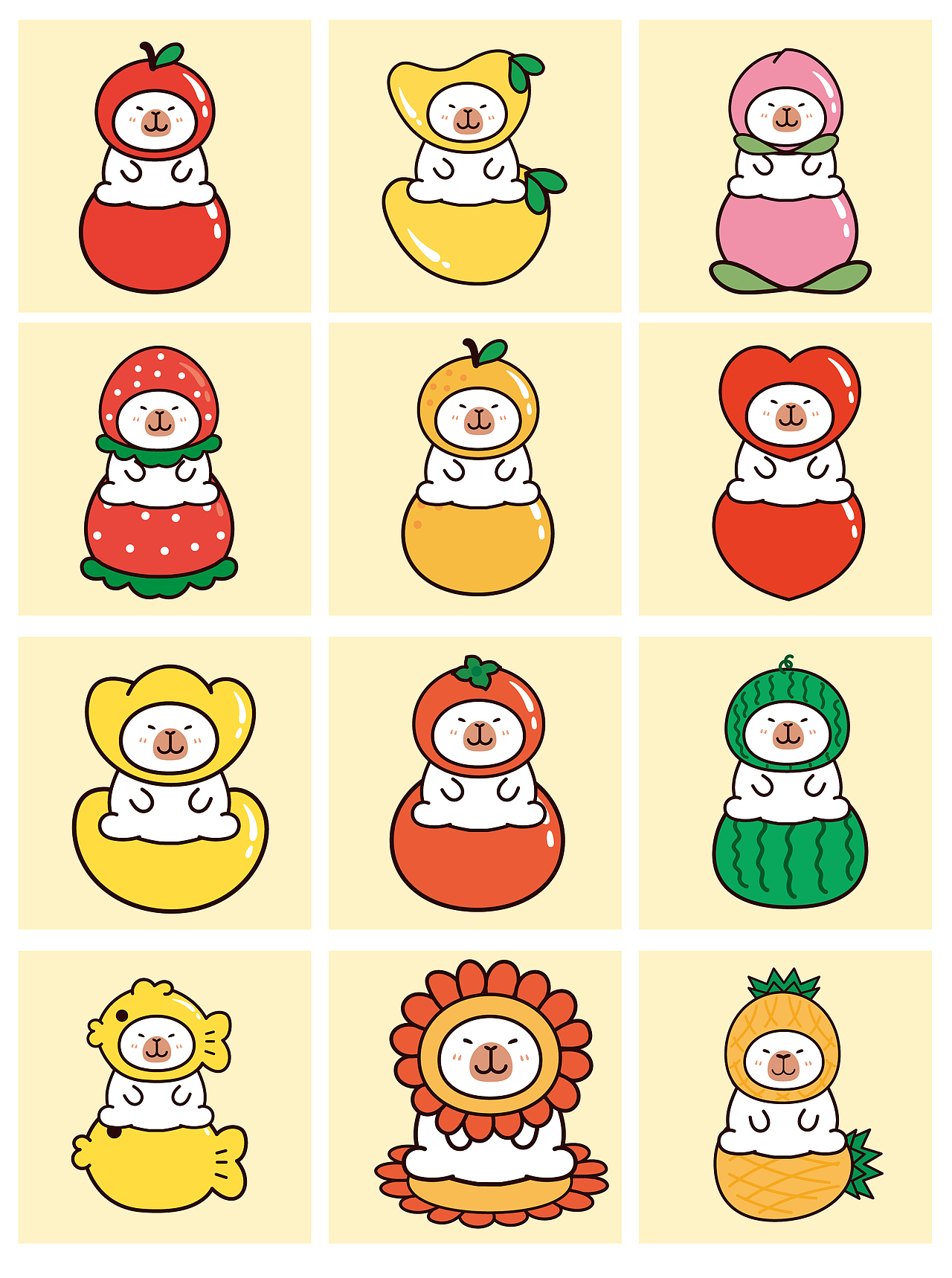 卡皮巴拉水豚萌萌IP卡通形象插画水果系列