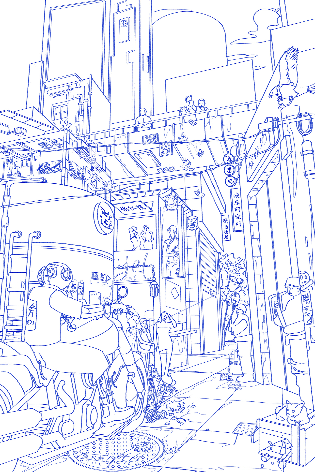 1.框架搭建。根据透视辅助线，用线稿勾勒大的框架，设定黄、赌。毒的具体位置，以及人物，物品的简单结构。