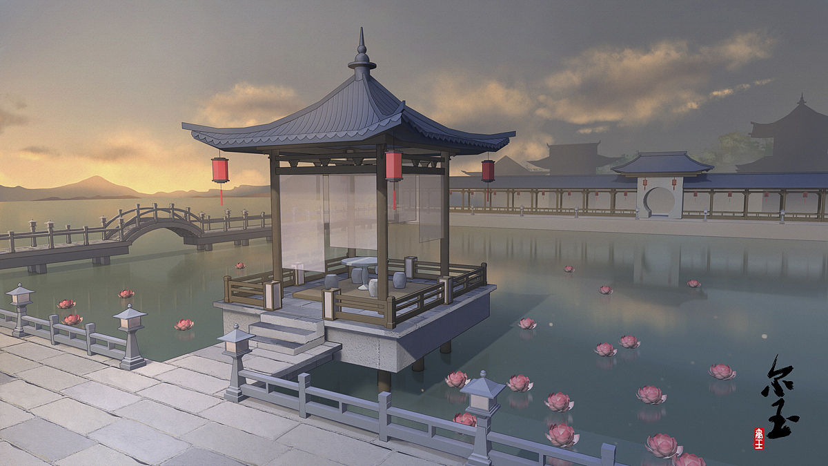 中国风场景插画-凉亭小景(3d辅助绘图)